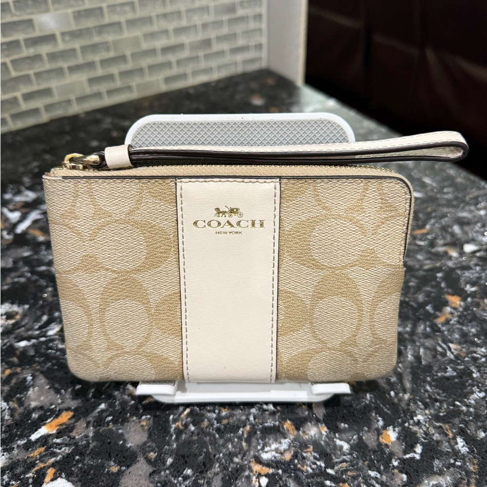 Coach Khaki Canvas Wristlet with Chalk Center Stripe